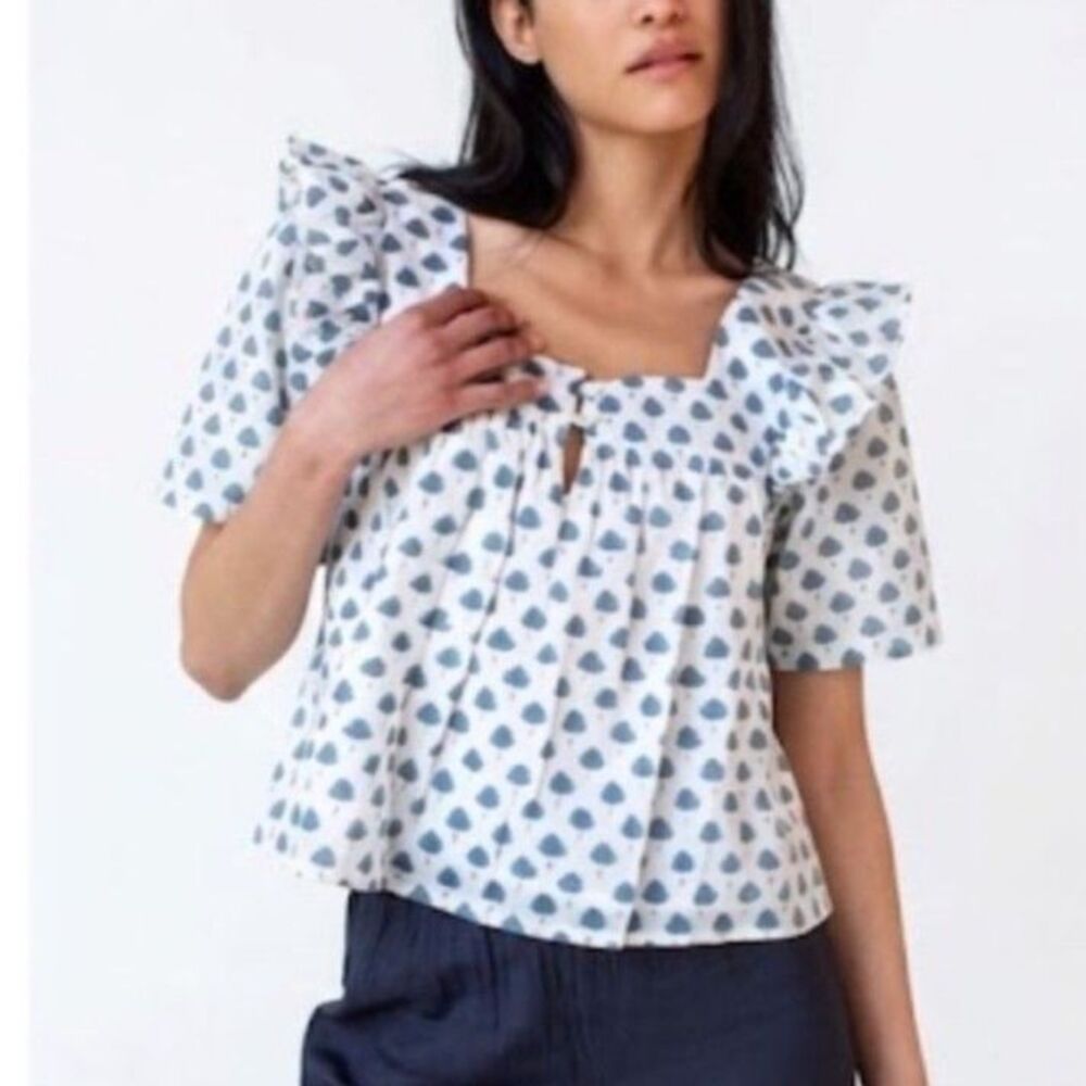 Emerson Fry Women's White Gray-Green Palm Print Tiered SS Relaxed Top Size S
